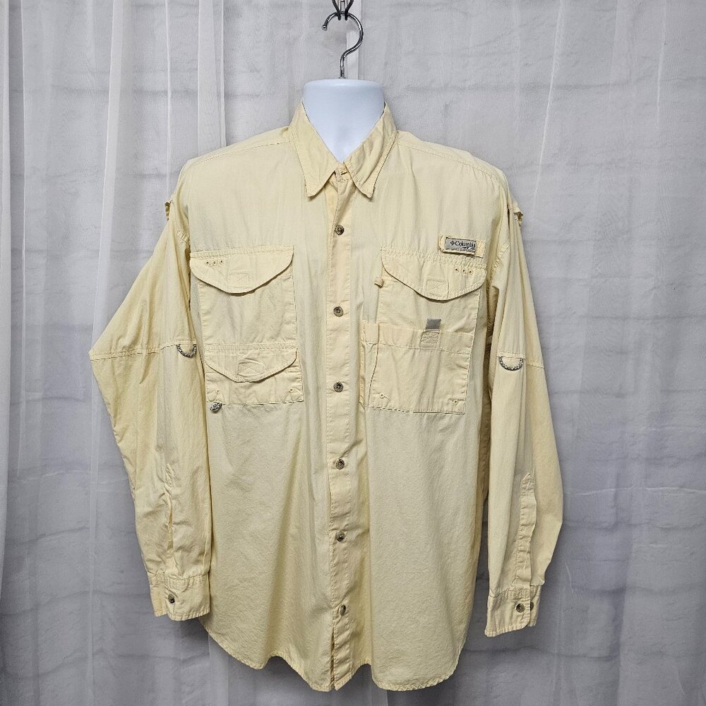 Columbia PFG Fishing Shirt Vented Utility Outdoor Yellow Long Sleeves Button L